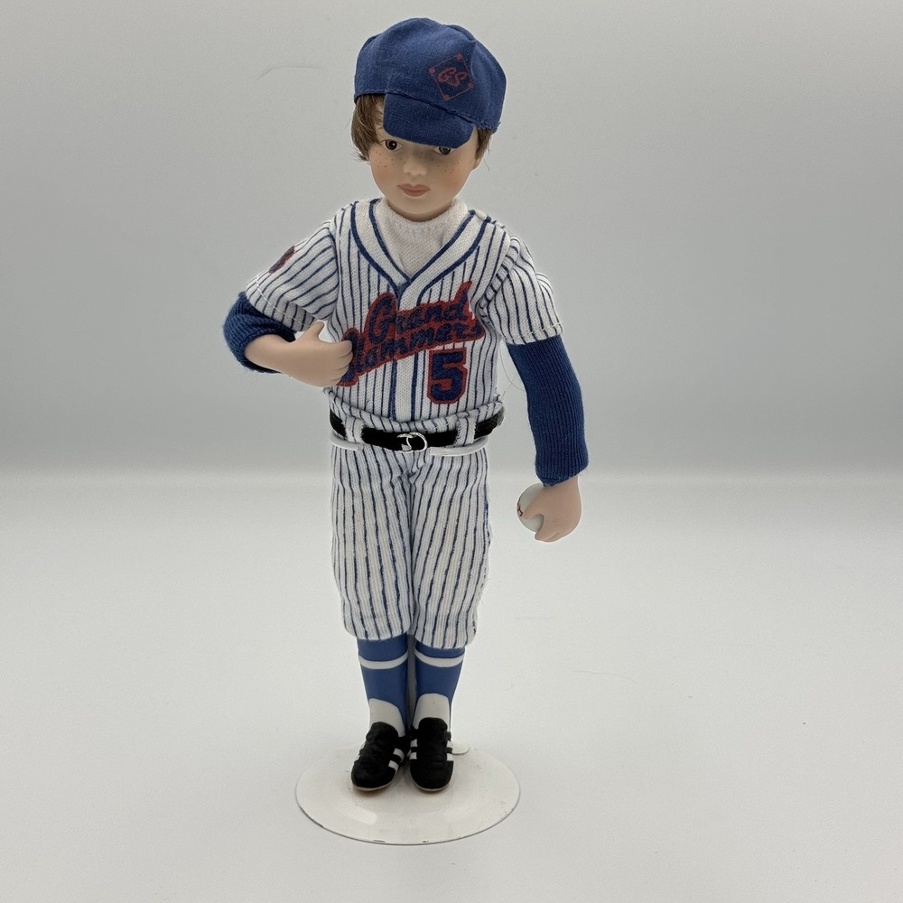 Boy Baseball Player Porcelain Doll Figurine 1991 Avon Grand Slammers 9" w/ Stand